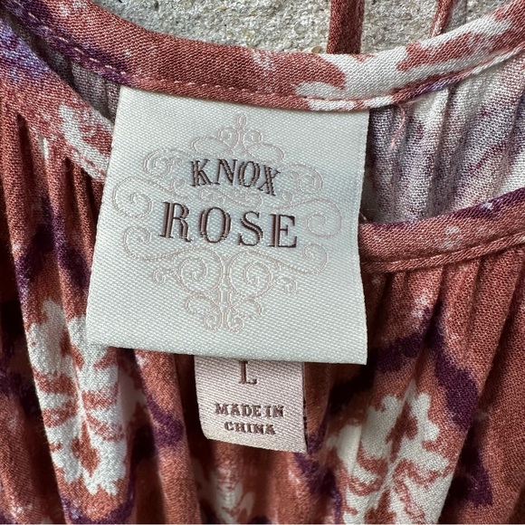 Knox Rose Rust Purple Ikat Puff Sleeve Tiered Midi Dress Pockets Tie Back Size L - Picture 6 of 13